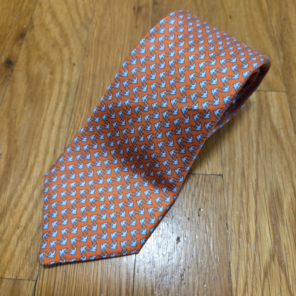 T M Lewin Jermyn St London Pure‎ Silk Handmade Blue Bird Tie Orange 3"